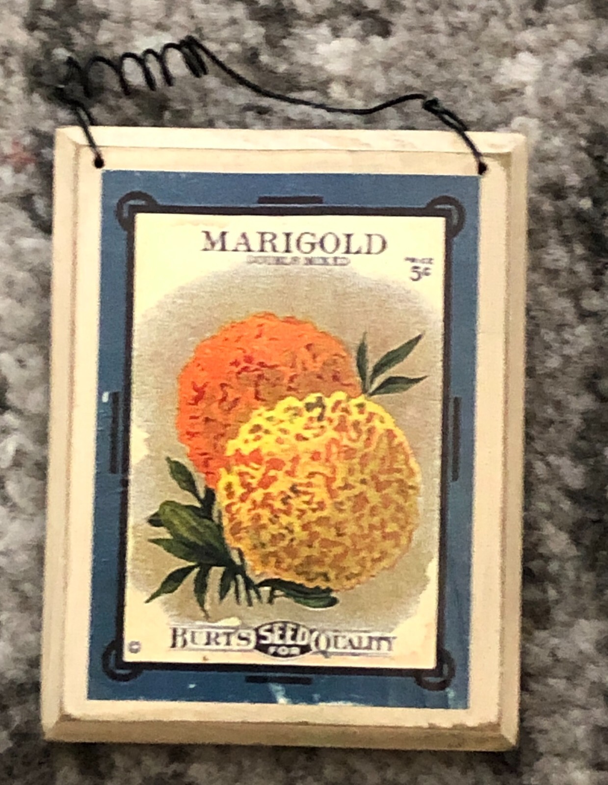 Seed Packet Plaque Kitchen Wall Hanging Repro Fredonia NY MARIGOLD FLOWER Yellow
