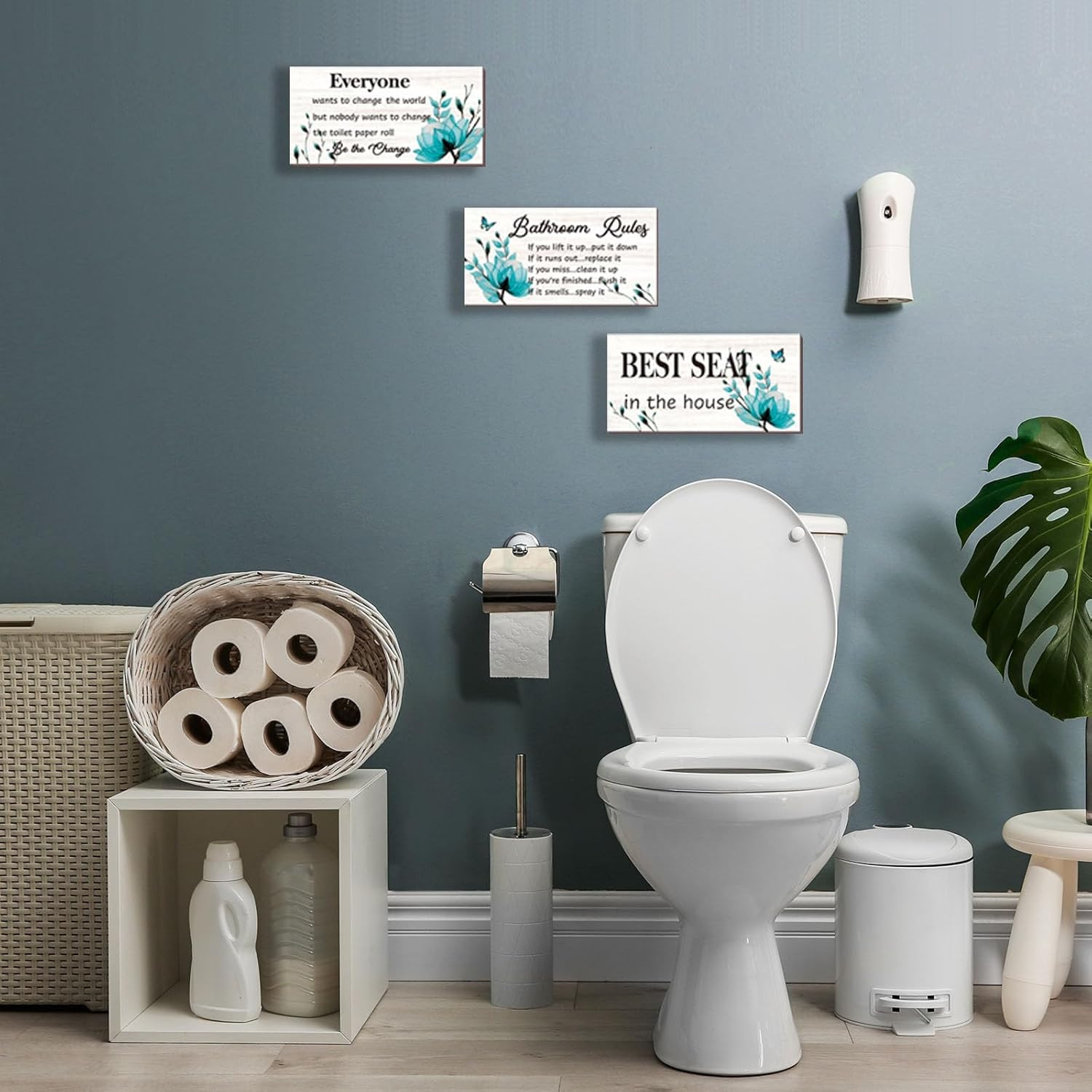 3-Piece Teal Bathroom Decor – Turquoise Flower Bathroom Rules Signs: ‘Best Seat