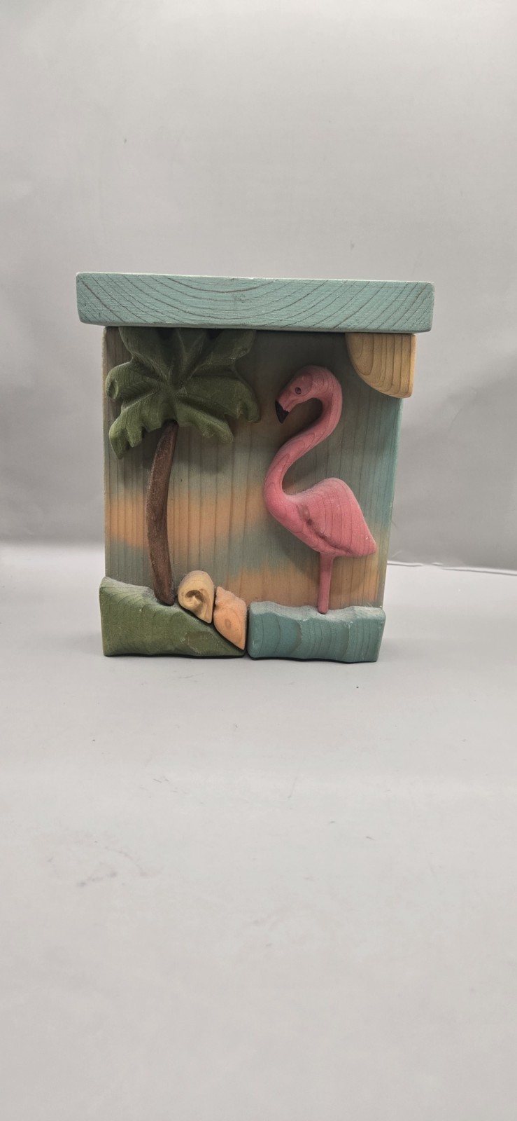 Vtg Handmade Tropical Wooden Pink Flamingo Wall Plaque Decor Small Shelf Signed
