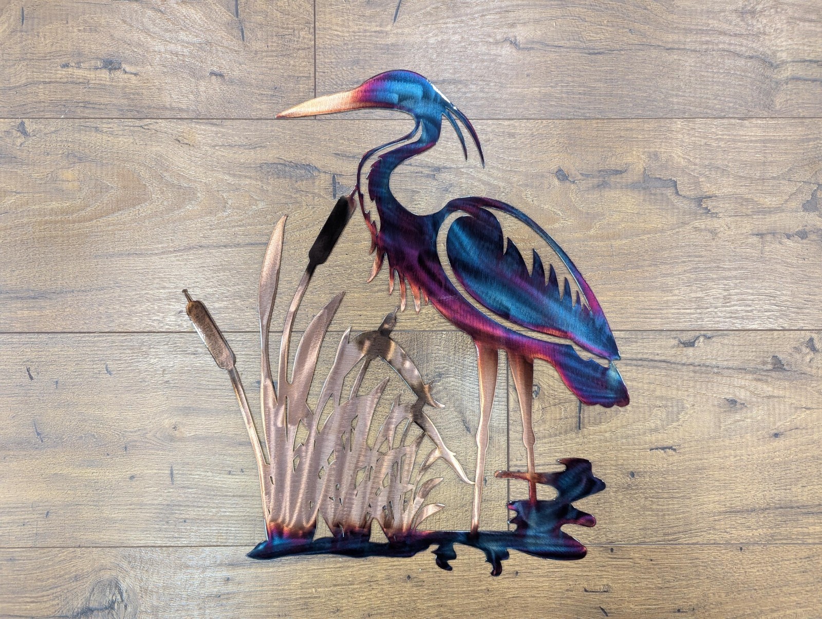 Heron and Cattails Scene Metal Art with Colorful Chemical Patina Home Decor