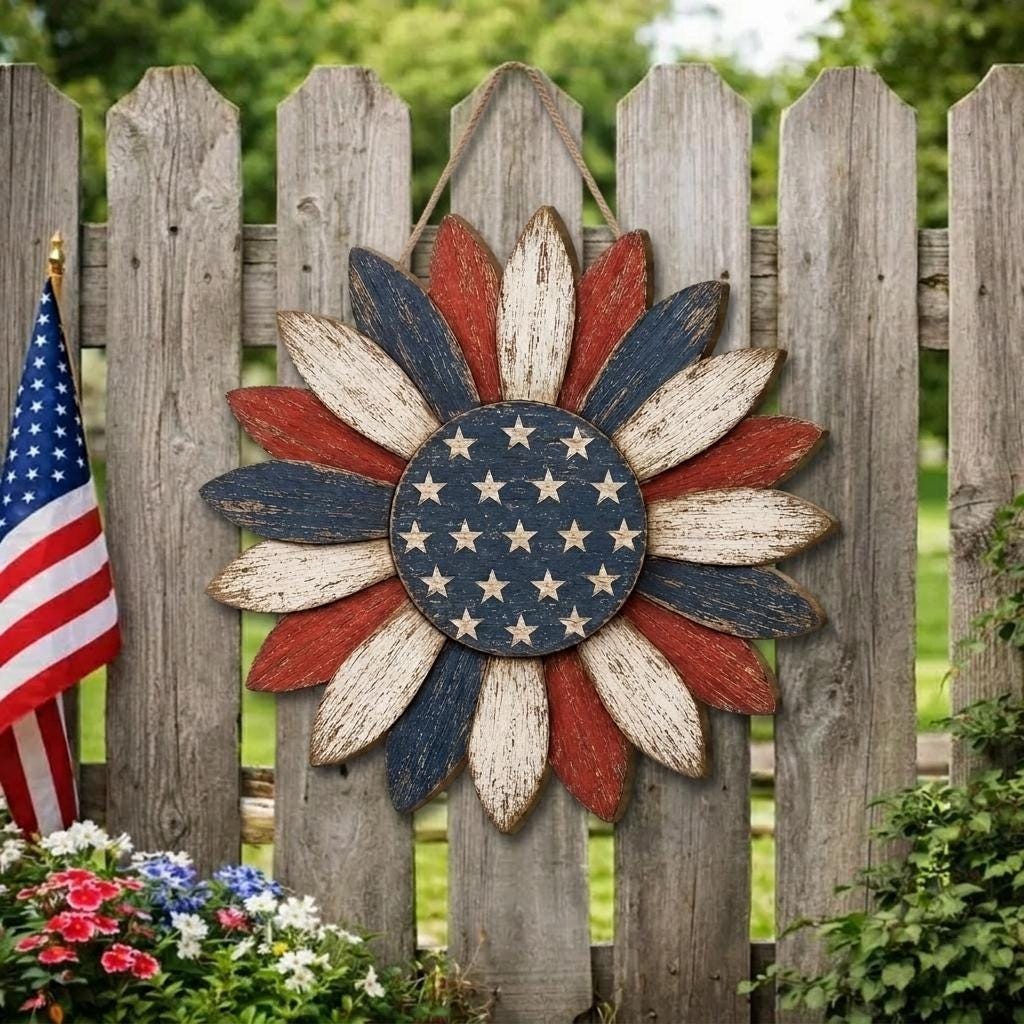 Patriotic Sunflower Door Hanger, Rustic Americana Wall Decor, 4th of July Front