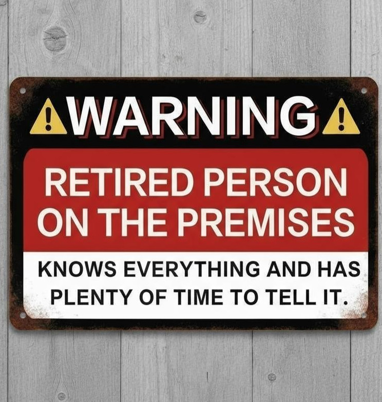 Warning Retired Person On Premises 8 x 12 Vintage Novelty Metal Sign Made In USA
