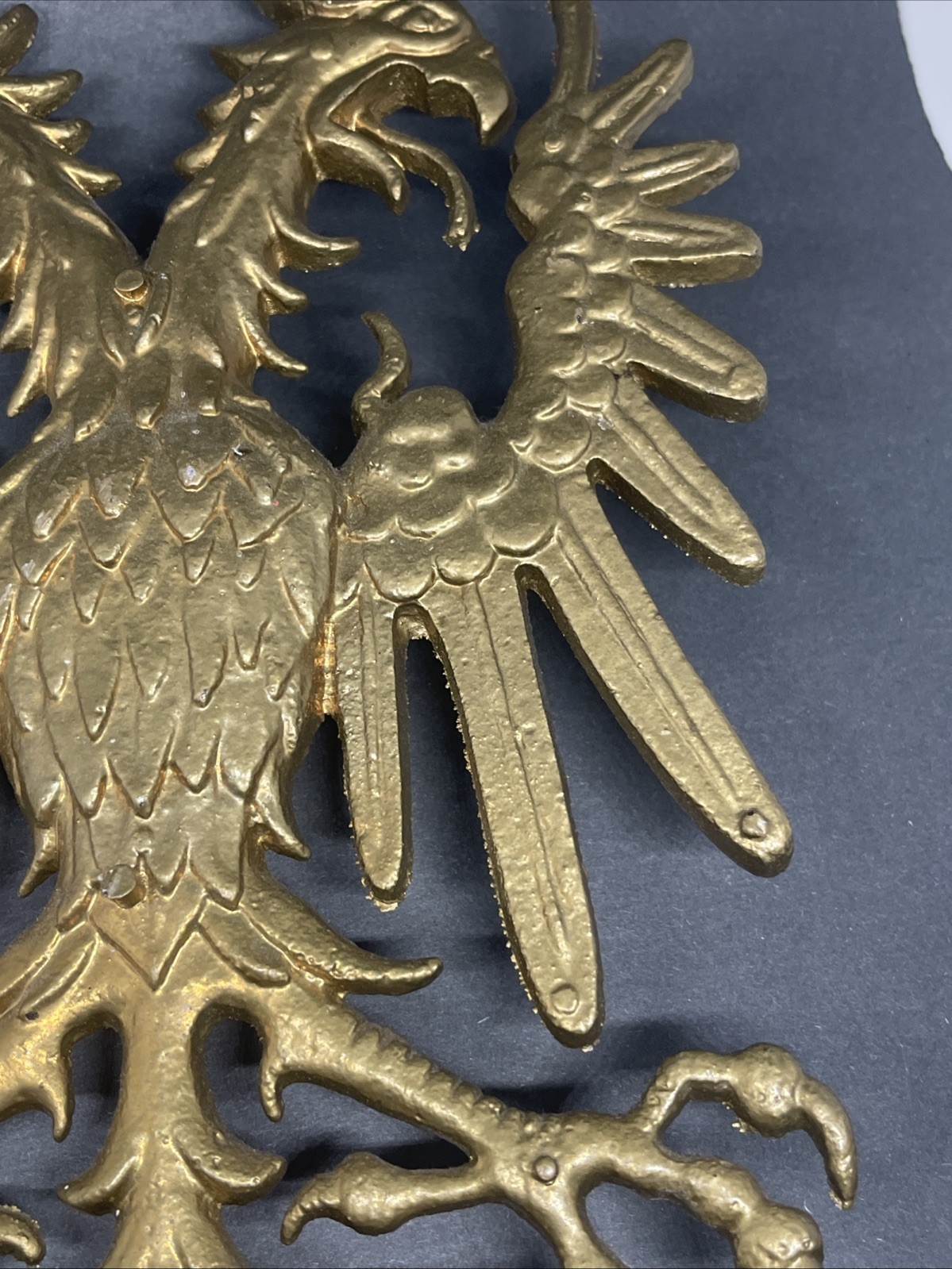 Vintage Double Headed Eagle Cast Metal Wall Decor Gold Gilded 13”