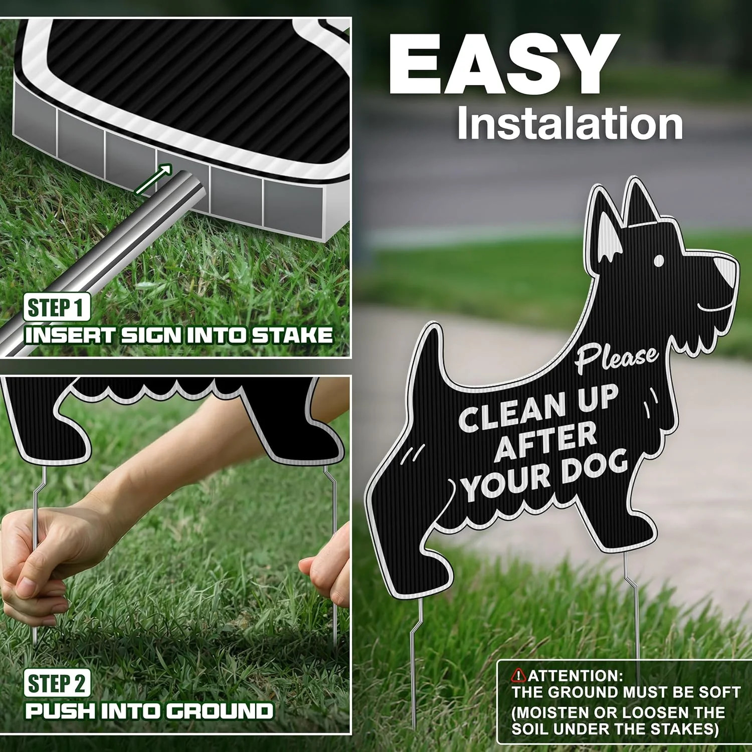 Clean Up After Your Dog Signs with Stakes, 11 x 10 Inch Black Dog Shaped Double
