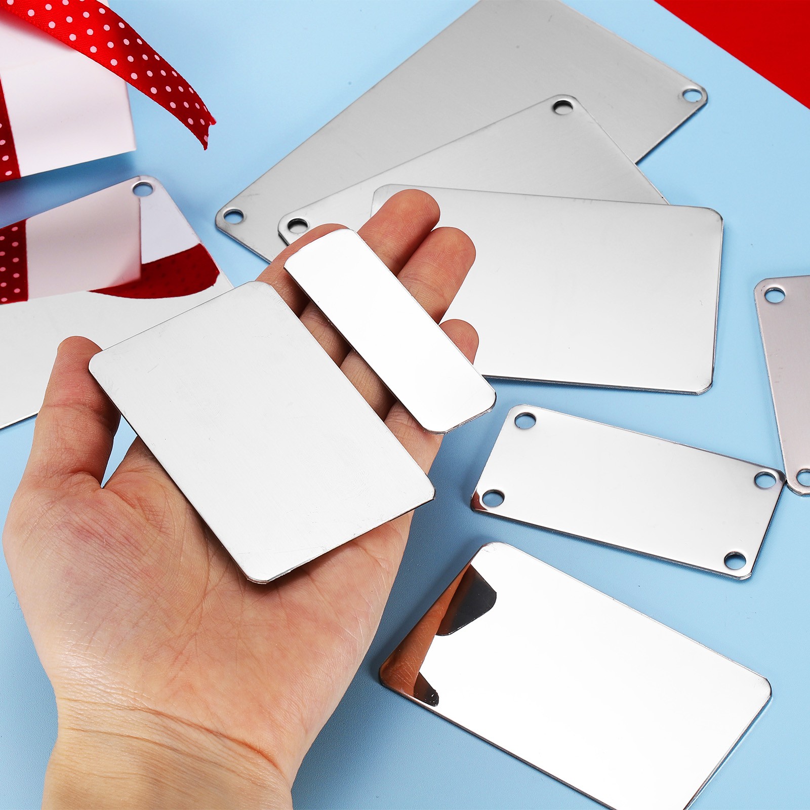4Pcs Blank Name Plates, 3.1 x 2″ Mirror Engraved Plate with 4 Holes, Silver