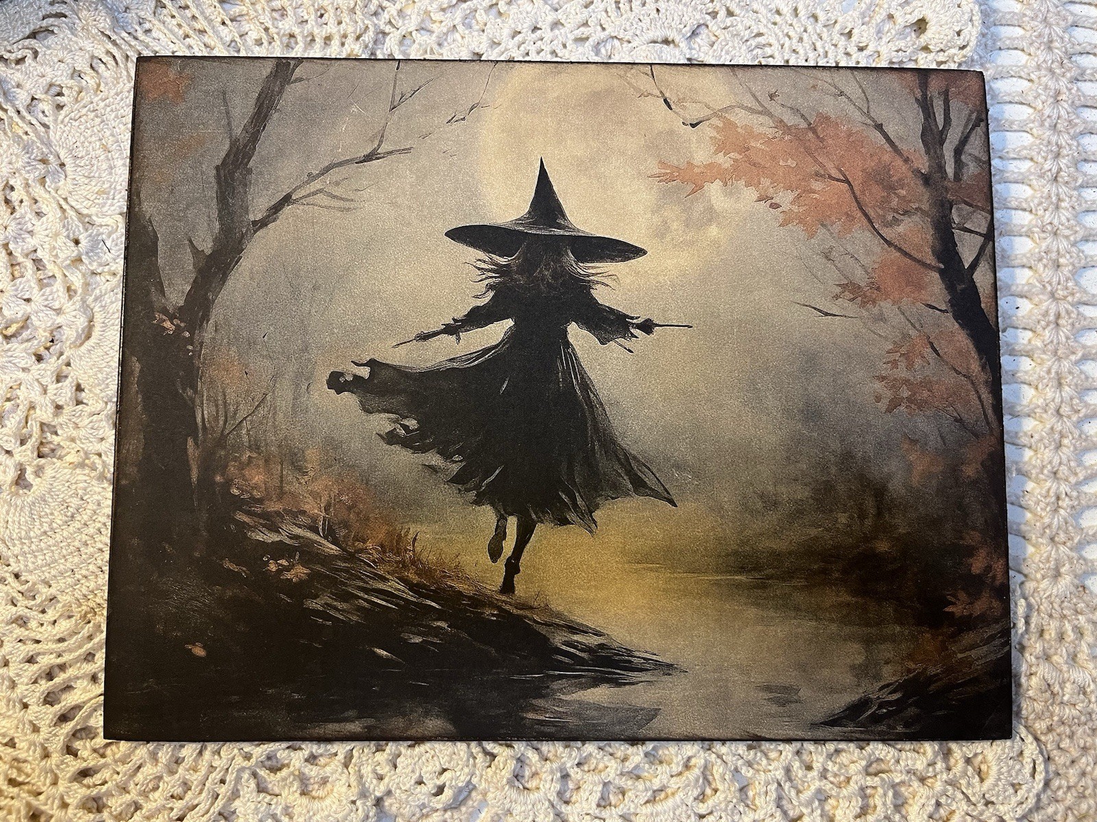 Walking Away Witch, River, Vintage Halloween Handcrafted Plaque / Sign
