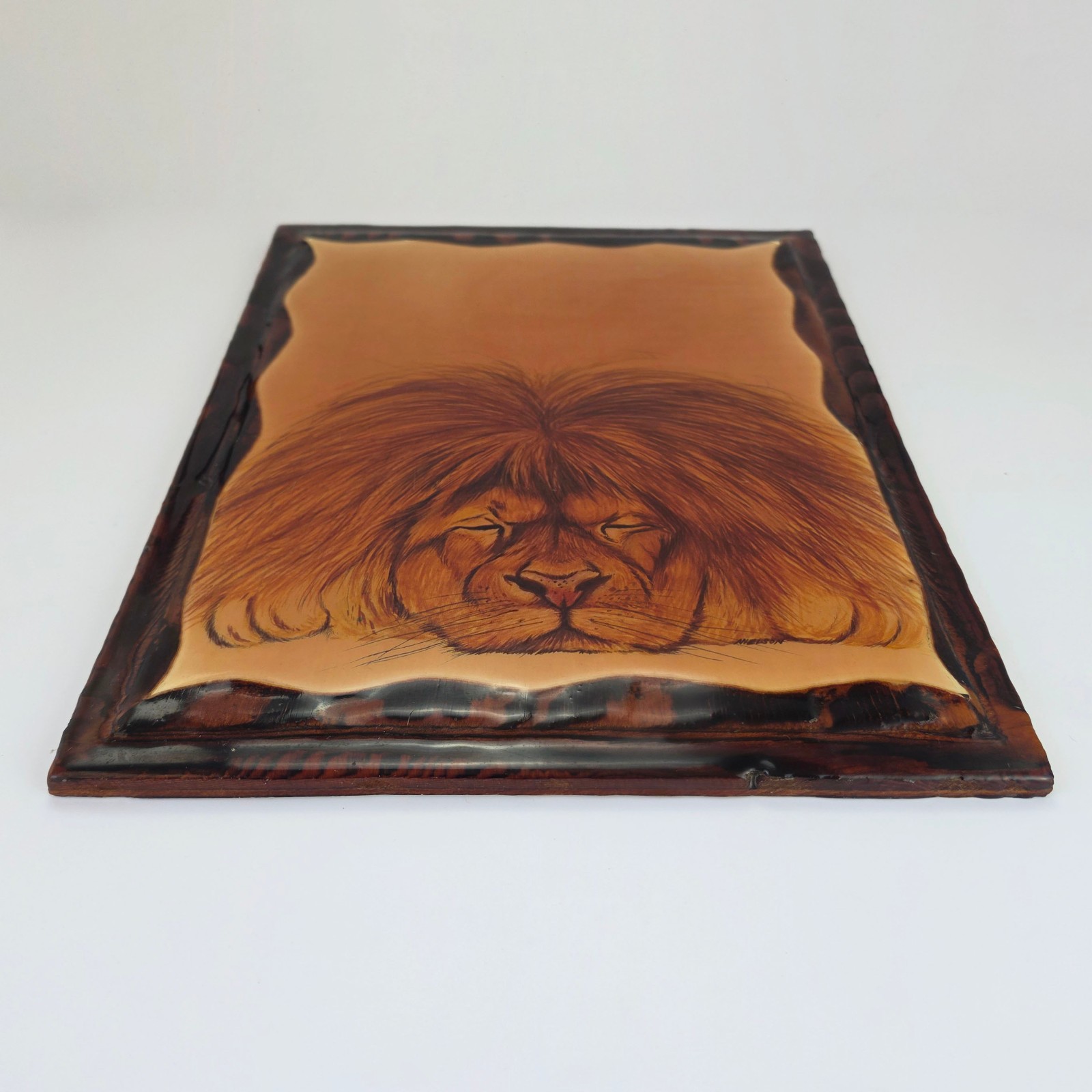 Vtg Larry Nielson Sleeping Lion Print Wood Plaque Edge Wall Hanging Resin 1970s
