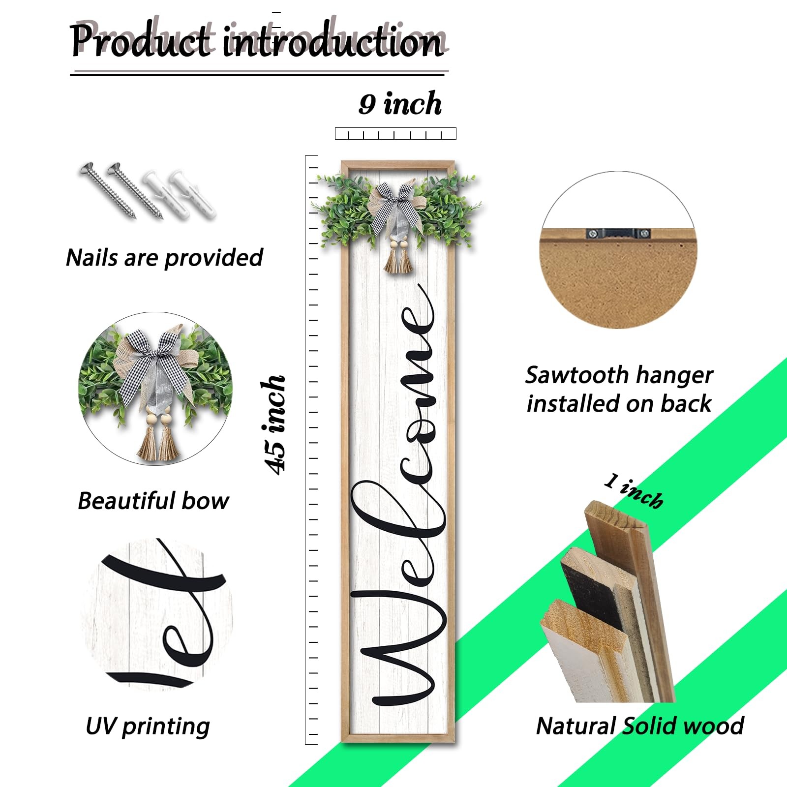 Welcome Sign for Front Porch Standing Large Outdoor Decor 45″X9″ Vertical Lea…