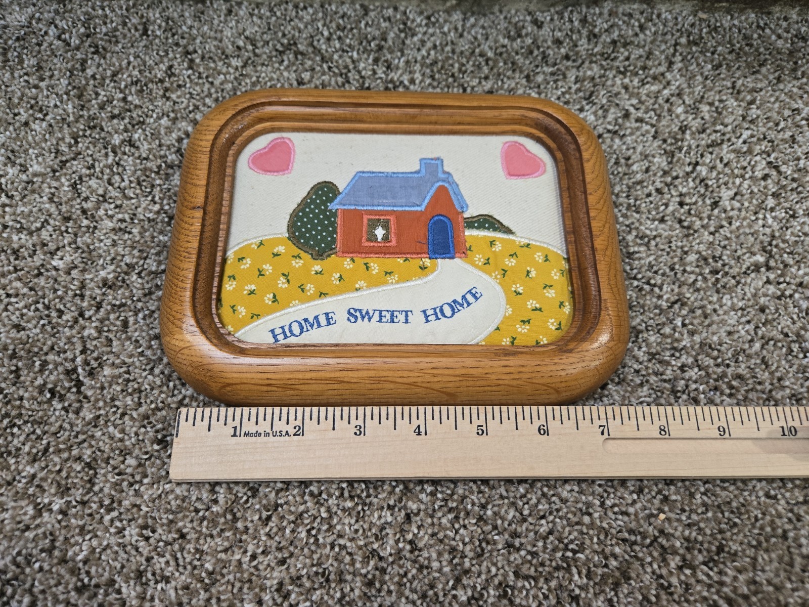 Vtg 80s Russ Berrie Home Sweet Home Oak Framed Plaque Country Hearts Applique