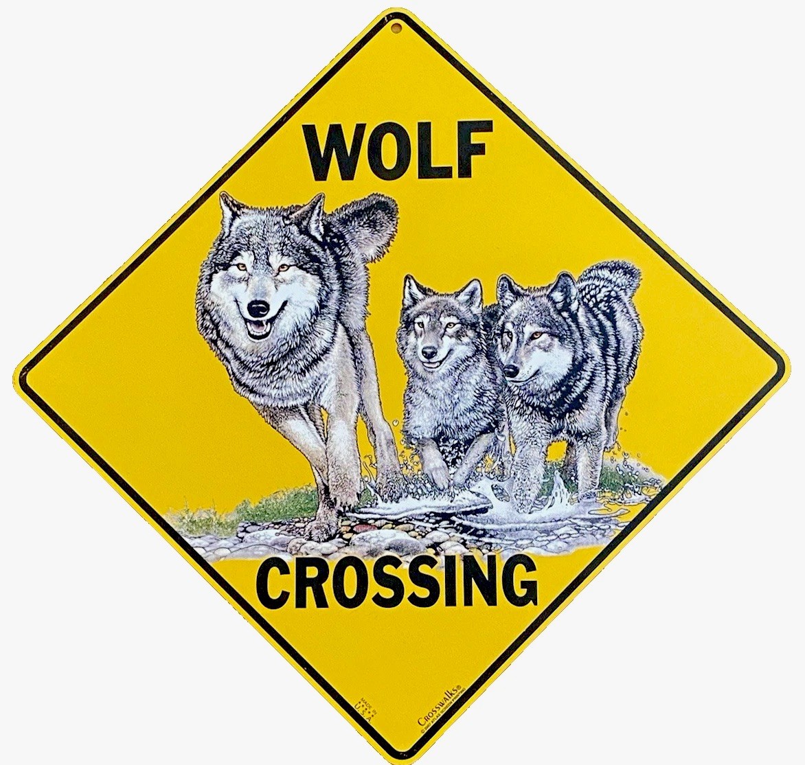 Wolf Crossing Sign 12X12″ Aluminum Lobo Gray on Yellow Background 2007
