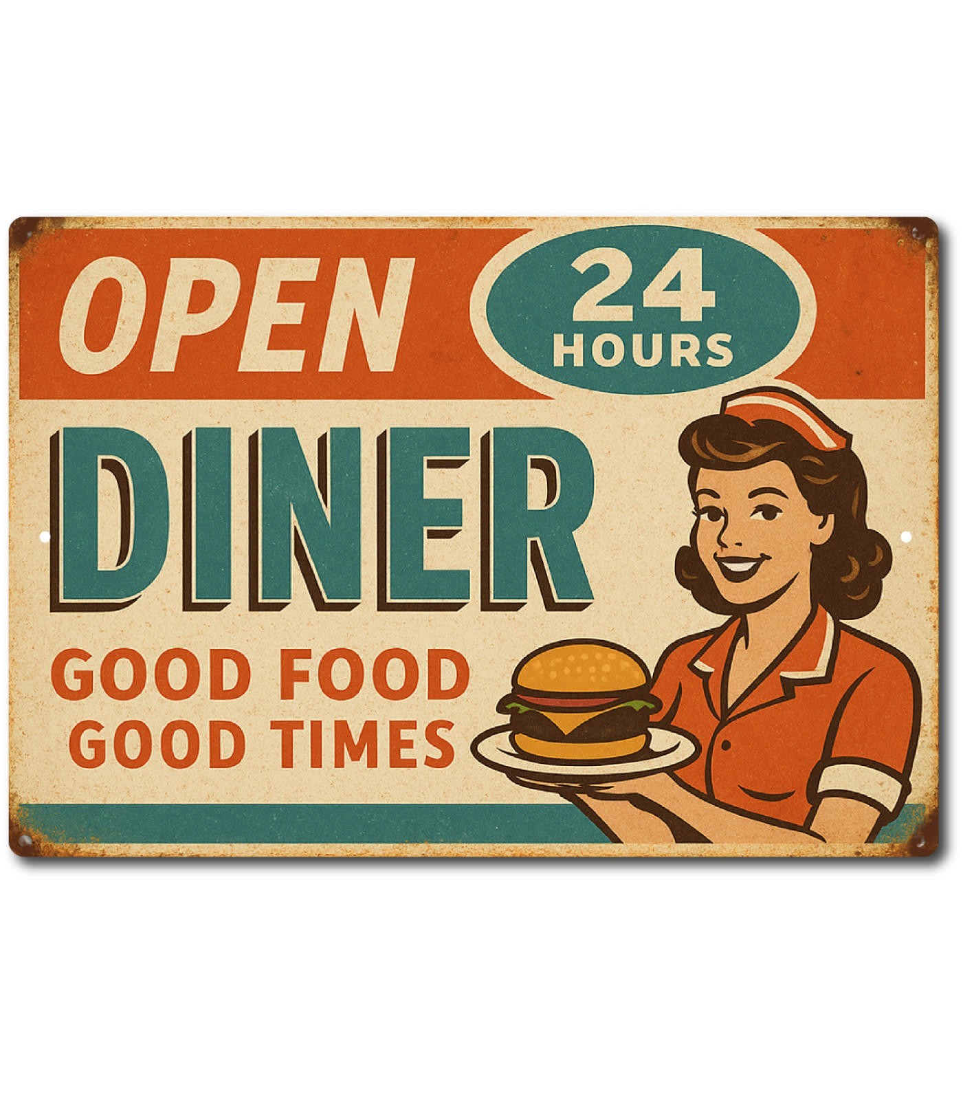 Diner Tin Sign Retro 12×8 Aluminum Open 24 Hours Wall Decor Vintage