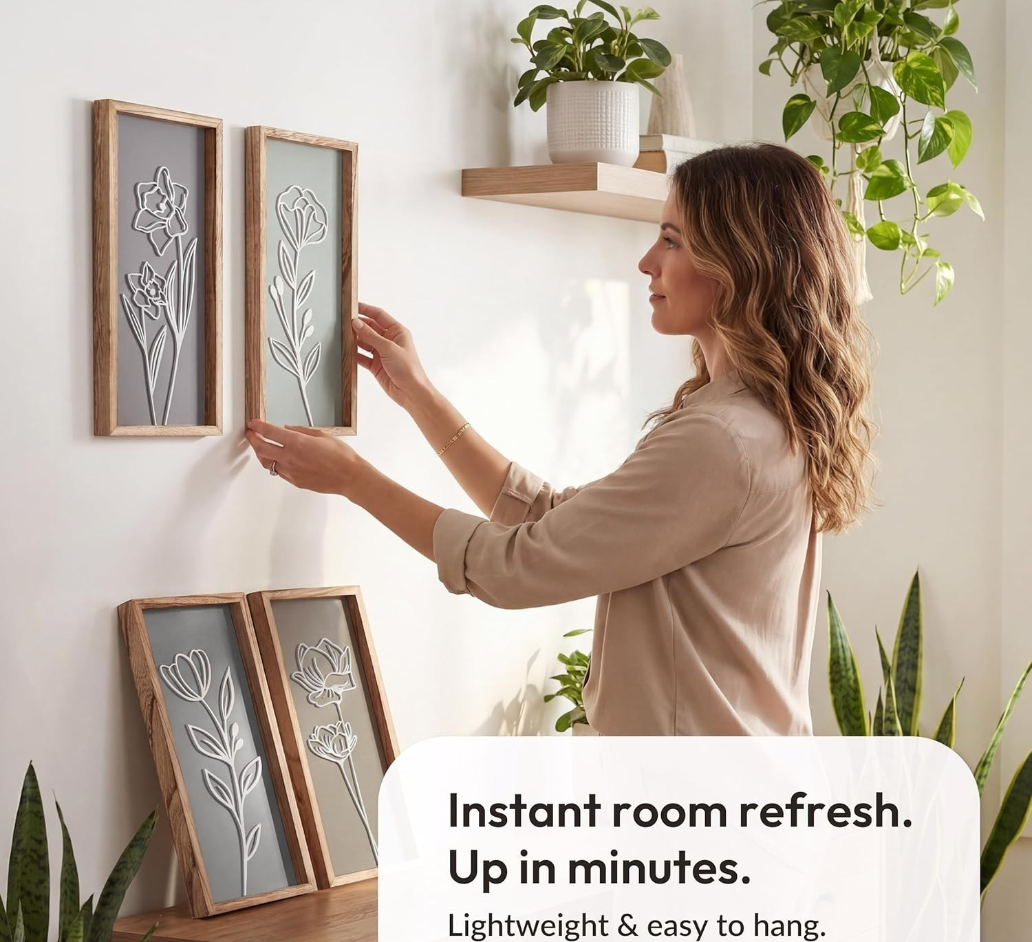 3D Wooden Floral Bathroom Wall Decor (Set of 4) Lightweight, Ready-to-Hang Frame