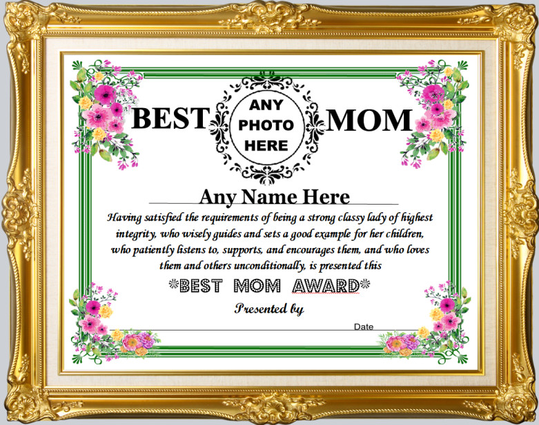 PERSONALIZED PHOTO NAME BEST MOM MOTHER AWARD CERTIFICATE MOTHER’S DAY GIFT