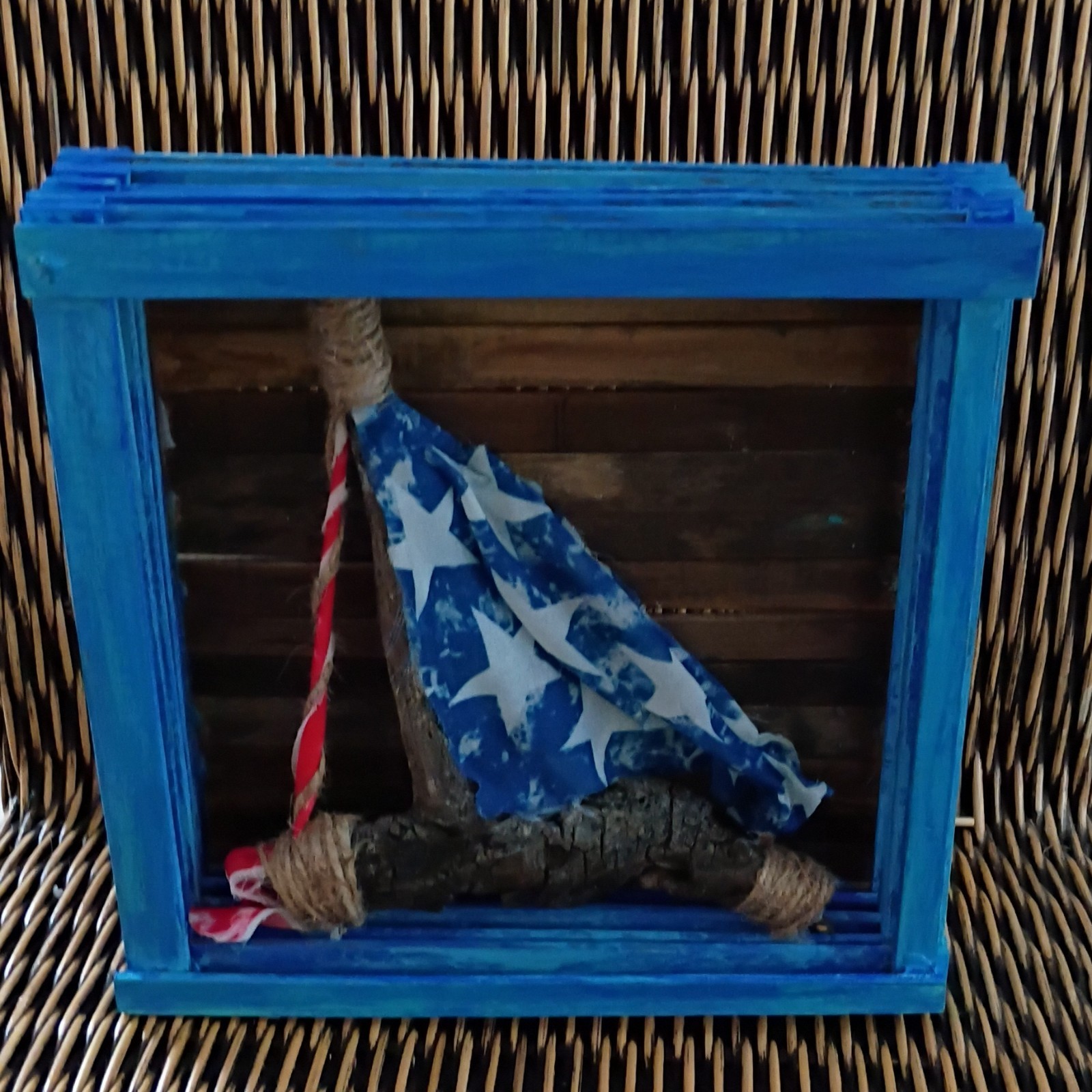 Patriotic Rustic Driftwood Sailboat , Blue Framed Shadow Box 12in×12in