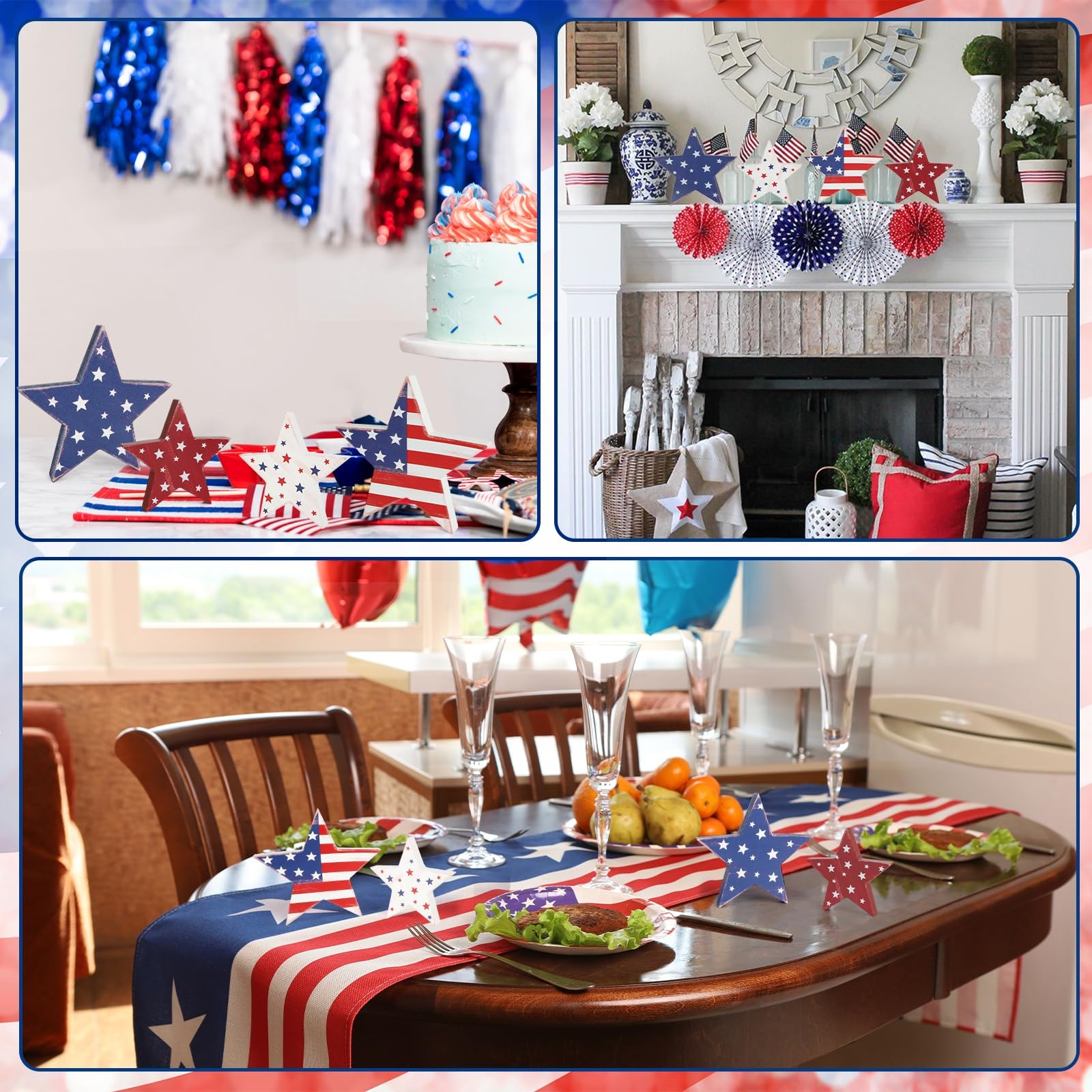 4th of July Wooden Star Decorations Red White Blue Retro Table Decor Set