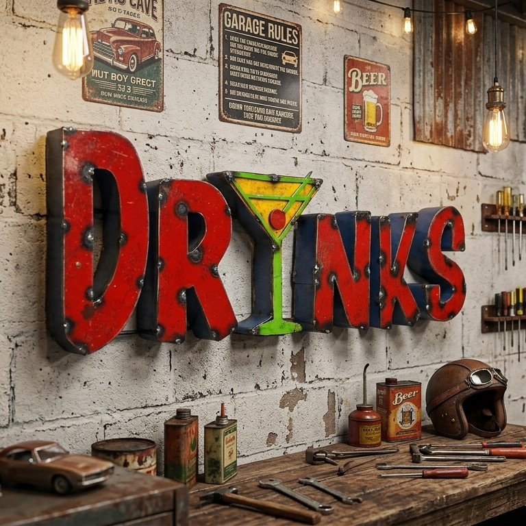DRINKS Martini Glass Recycled Metal Sign Colorful Bar Cantina Wall Decor 21.5 in