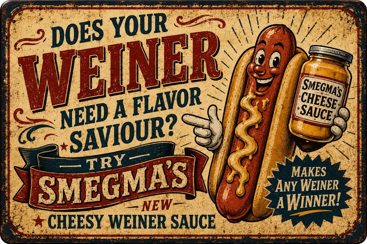 Smegma’s Cheesy Wiener Sauce Funny Hot Dog Metal 12×8 Tin Sign BBQ Bar Decor