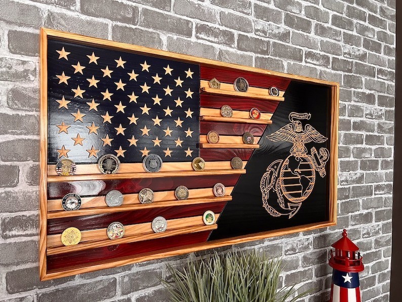 New EGA Challenge Coin Holder, Rustic American Flag, Marines, Wall Wedding Gift