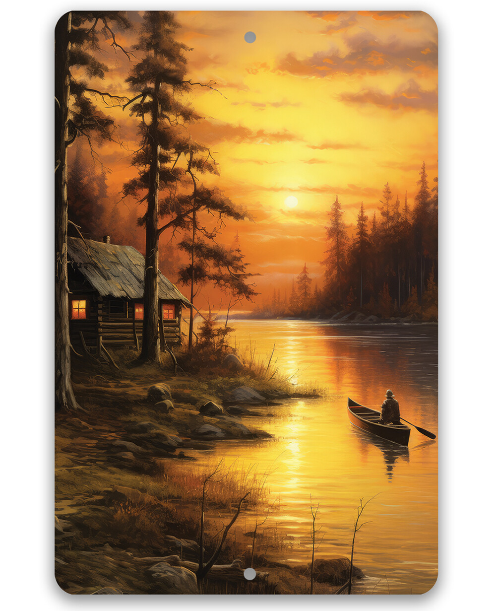 Metal Sign – Cabin on the Lake Painting Art – Durable Indoor/Outdoor Decor