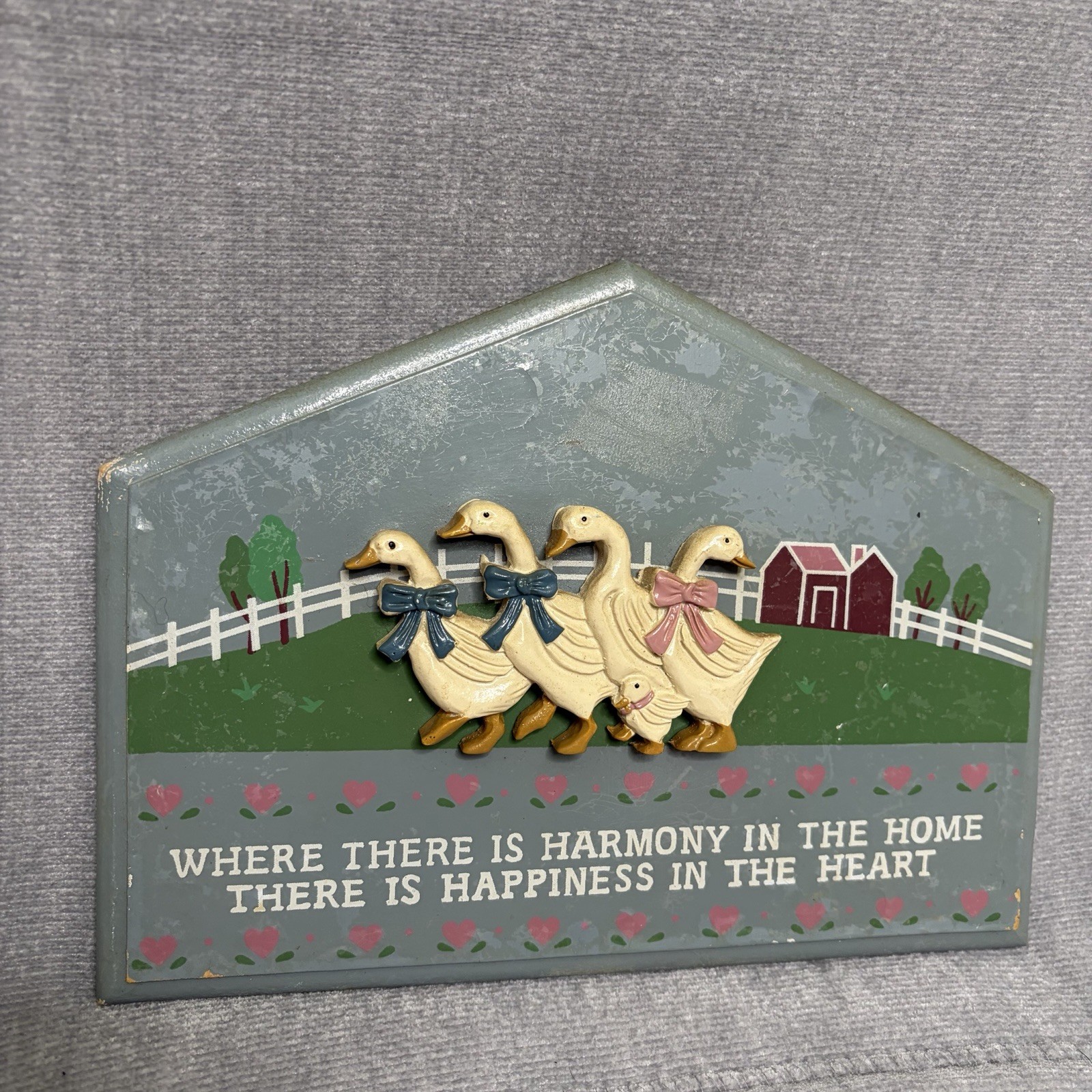 Vintage Country Goose Wood Wall Plaque Home Welcome sign Hearts