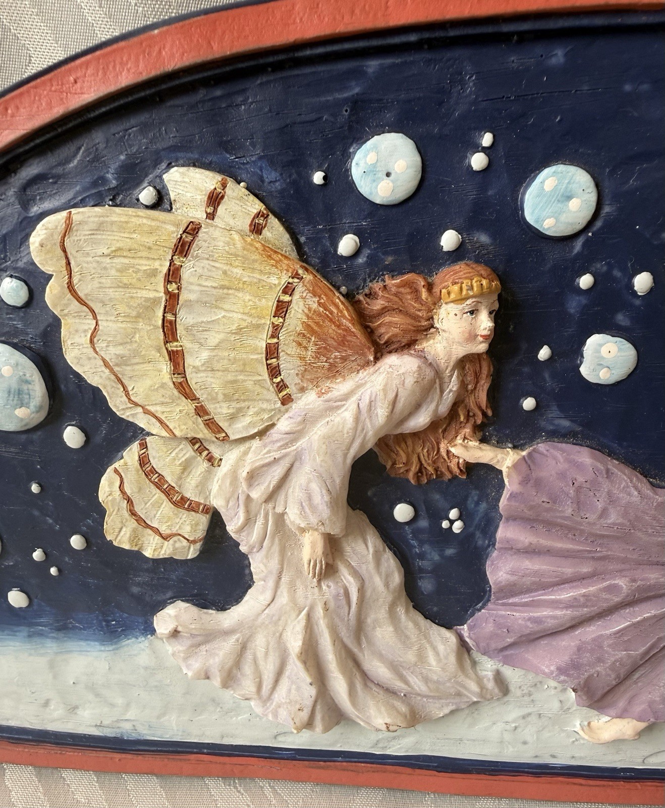 Vintage Multicolor Playing Dancing Fairy Sculptured Resin Moon Wall Art