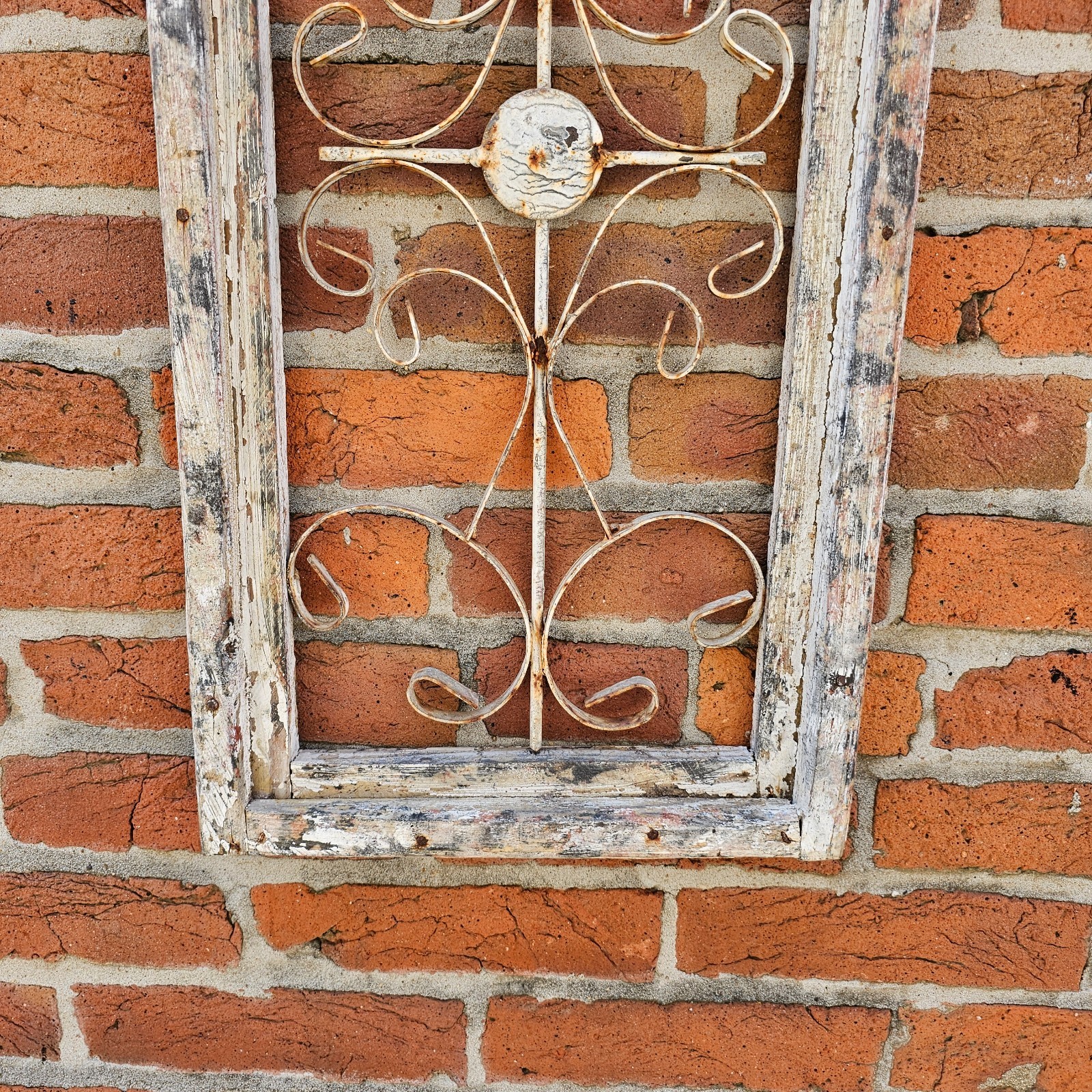 Vintage Rustic Wood Window Frame Wall Decor Arch Iron Scroll Farmhouse 29”