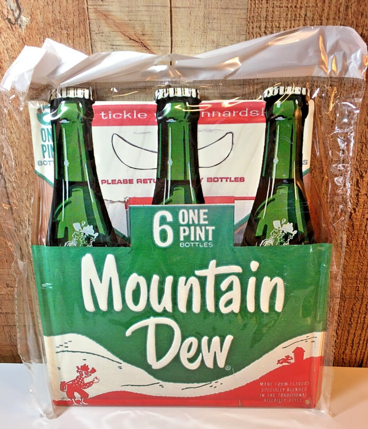 Mountain Dew Soda 6 Pack Pint Bottles Die Cut Sign Reproduction Hillbilly Style