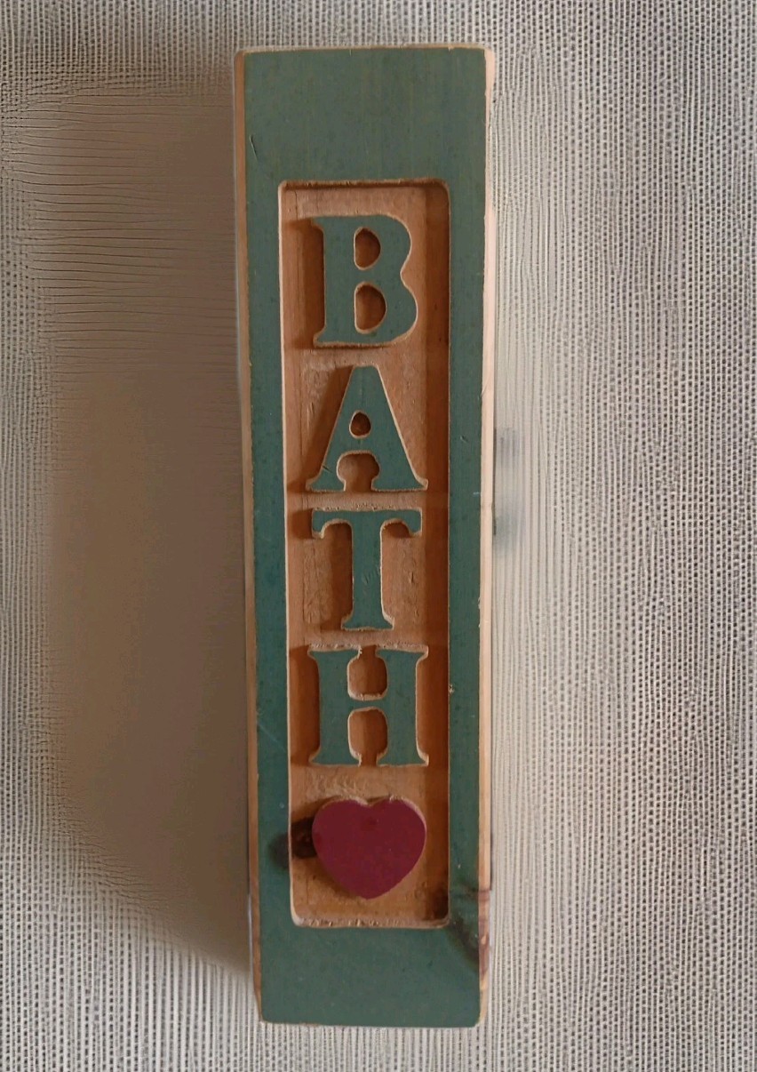 Solid Carved Pine Wood Bathroom Wall Decor “BATH” Heart Country