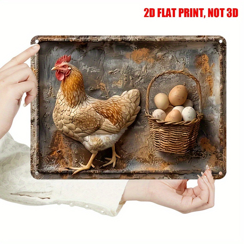Vintage Farmhouse Chicken Metal Signs Hen & Egg Basket Rustic Wall Decor Country