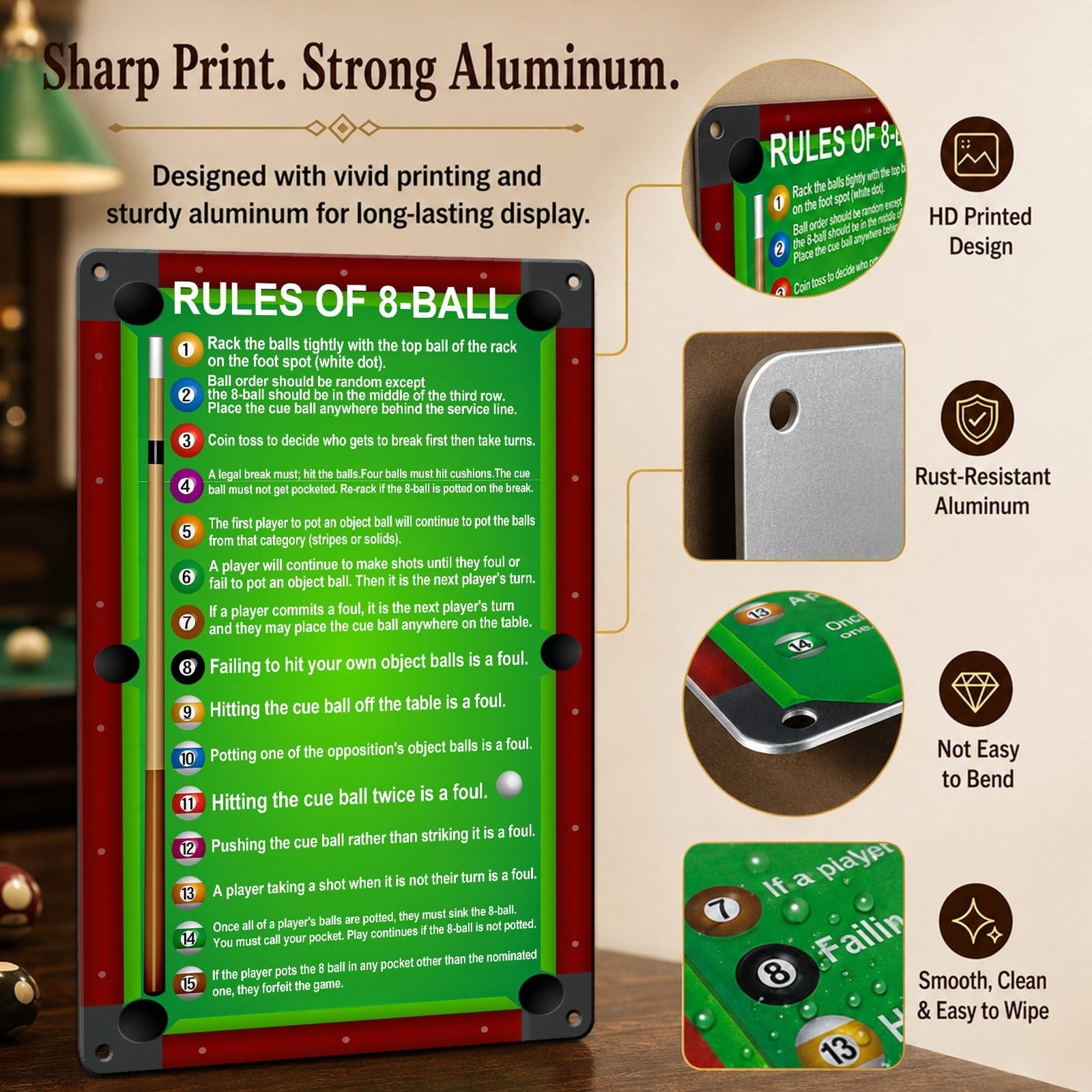 8 Ball Pool Rules Aluminum Sign 8x12in Billiard Room Wall Art Decor