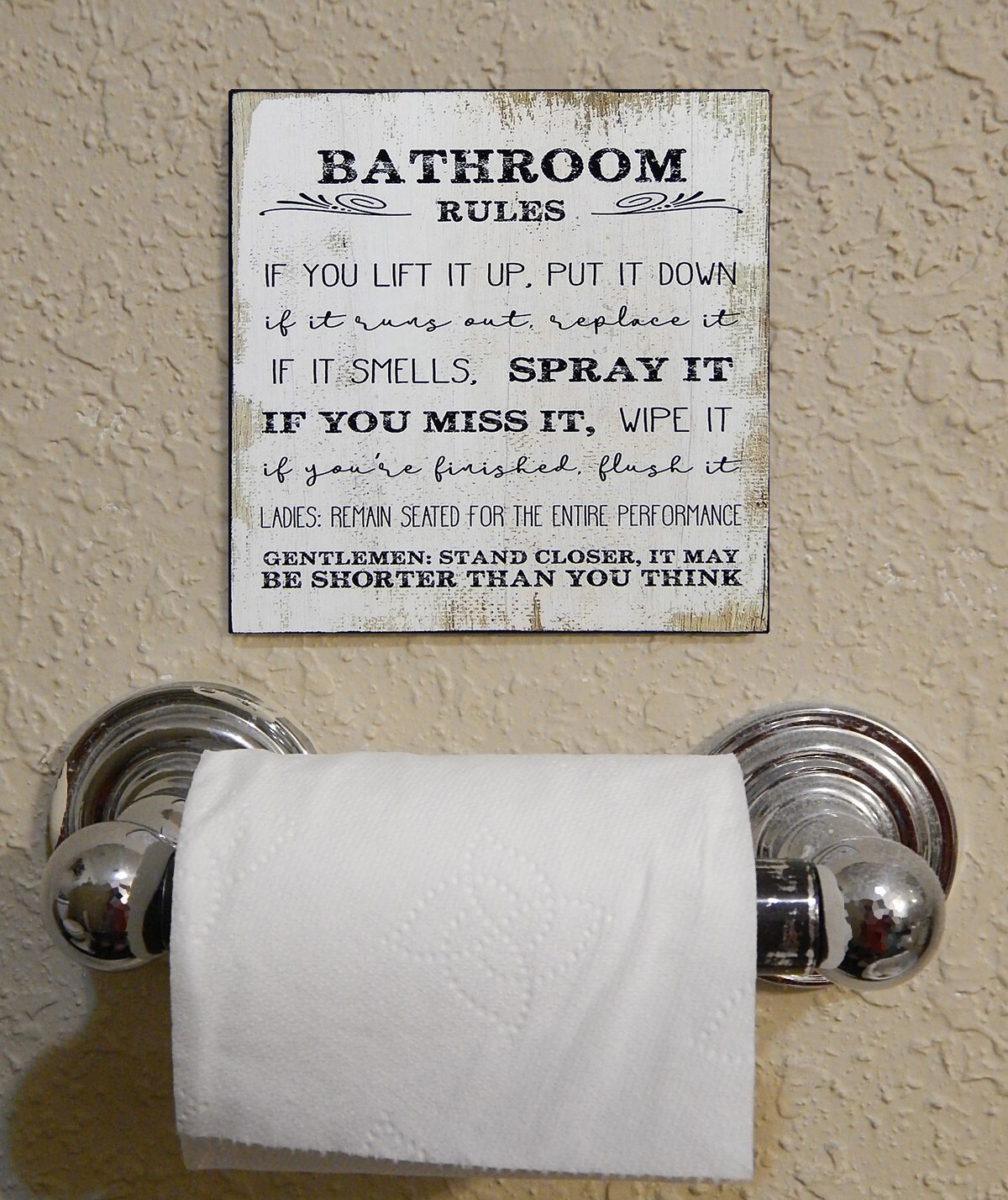 Bathroom Rules Funny Toilet Sign Shelf Sitter Wall Art Door Decor Print 5″ x 5″