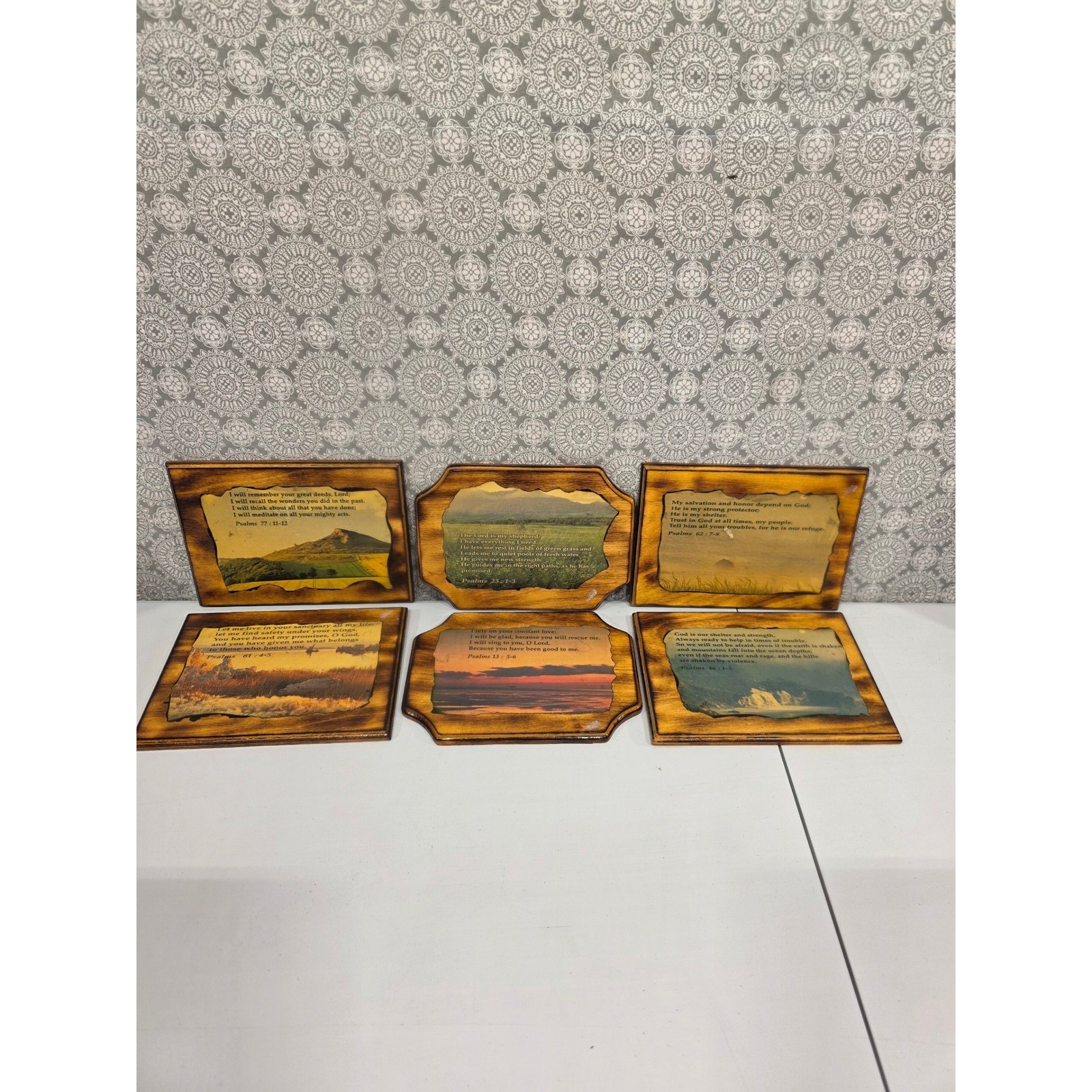 Set of 6 Wooden Wall Art Plaques Religious Bible Verse Landscape Decor