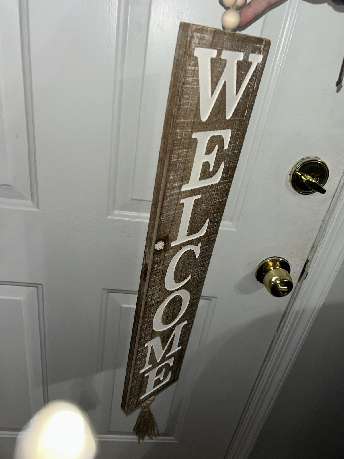 Vertical Hanging Wood Welcome Sign, Farmhouse Brown/White Door Mount Rectangle