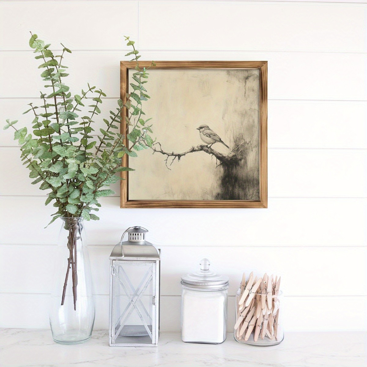 Vintage Bird Sketch Framed Art Retro Woodland Animal Wall Decor for Home Bedroom
