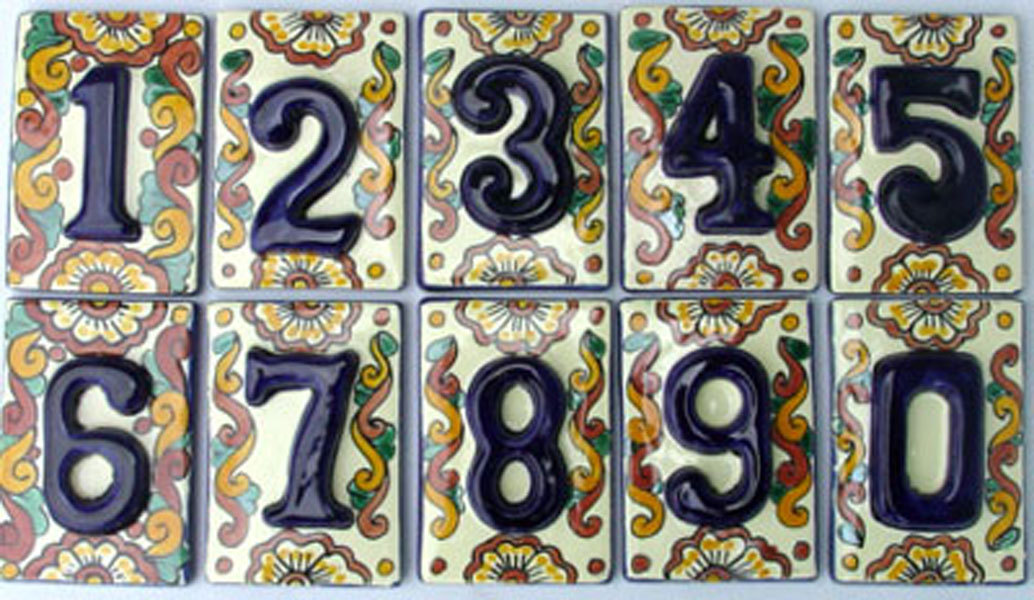 3 HIGH RELIEF Mexican Ceramic Number Tiles & Horizontal Iron Frame