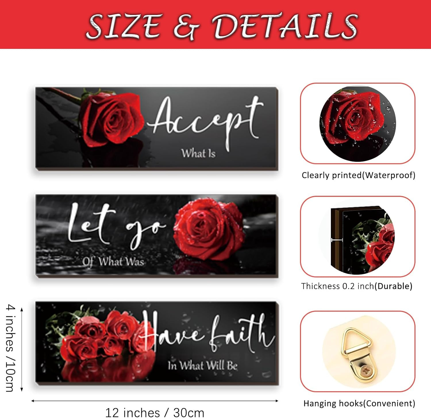 3 Pcs Red Decor Flower Inspirational Wooden Wall Art Red Roses Office Wall Decor