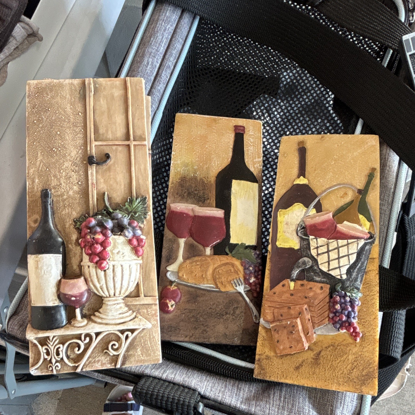 Set of 7 Wine & Grapes Rectangular Wood Wall Plaques Raised 3D Decor