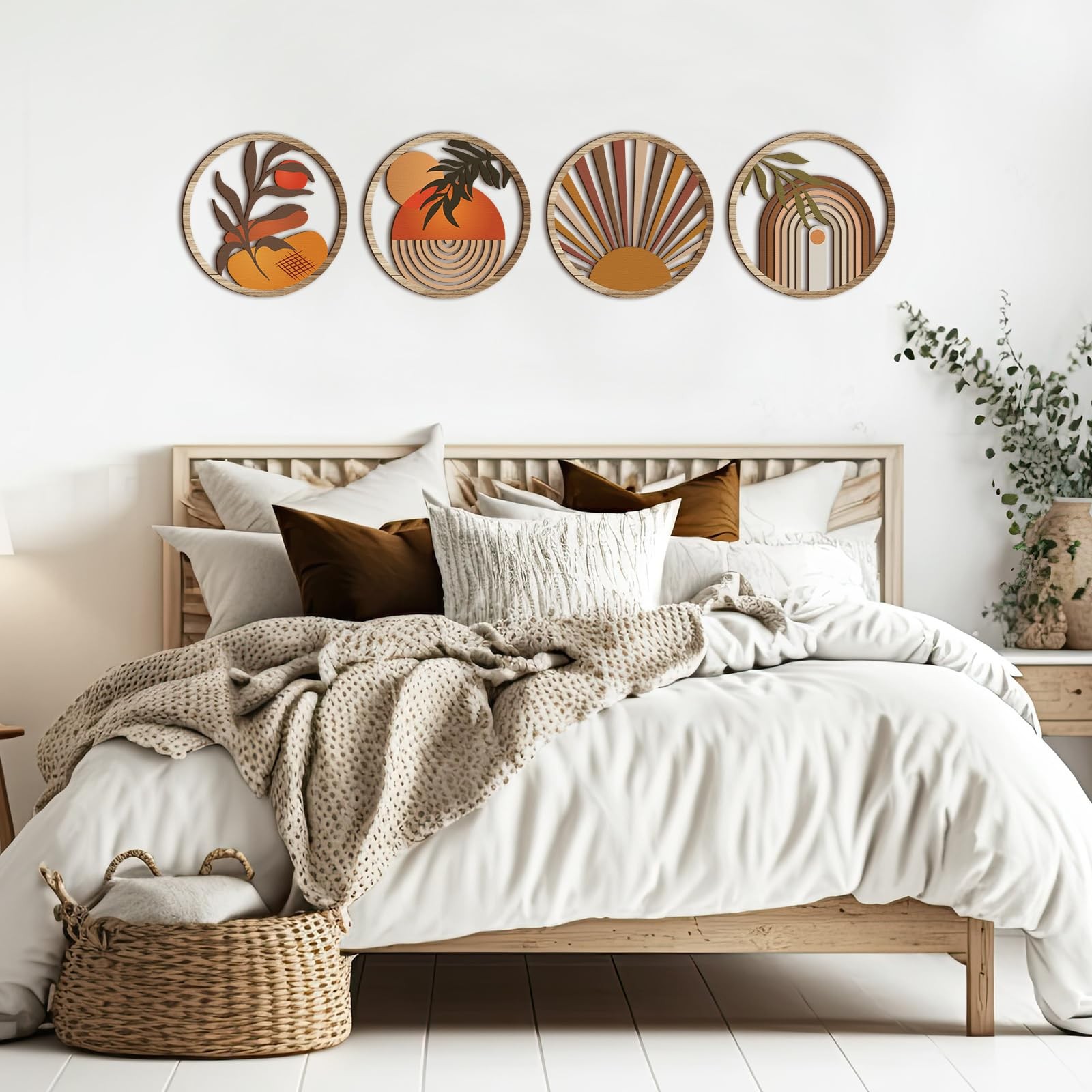 4 Pcs Boho Wall Art Bohemian Wooden Round Circle Wall Decor Hollow out Hangin…