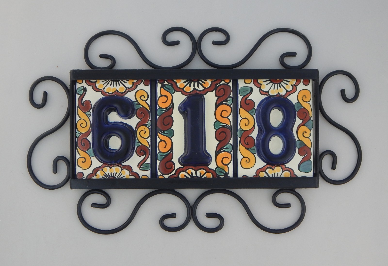 3 HIGH RELIEF Mexican Ceramic Number Tiles & Horizontal Iron Frame