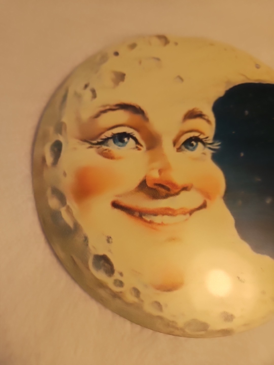Smiling Half Moon Face Decorative Sign Aluminum Vintage Look