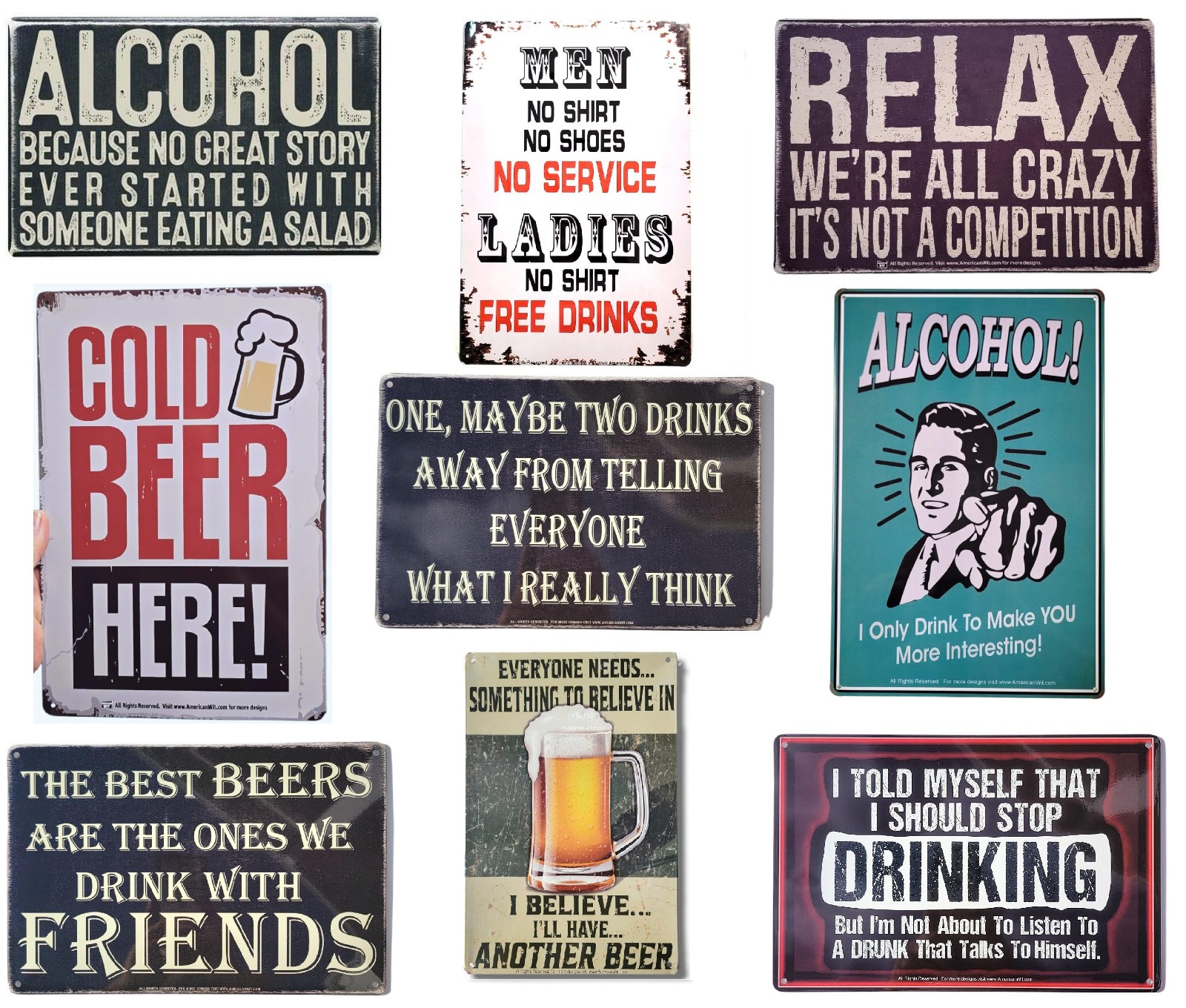 Bulk Funny Bar Novelty Metal Tin Signs – 9 Pack (8″ x 12″) Beer Alcohol Garage M