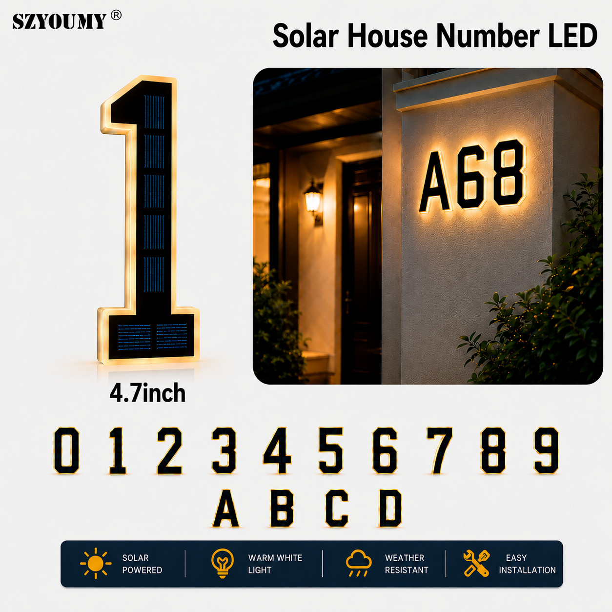 Solar LED House Number Sign Outdoor Waterproof Lighted Address Number 4.7inch