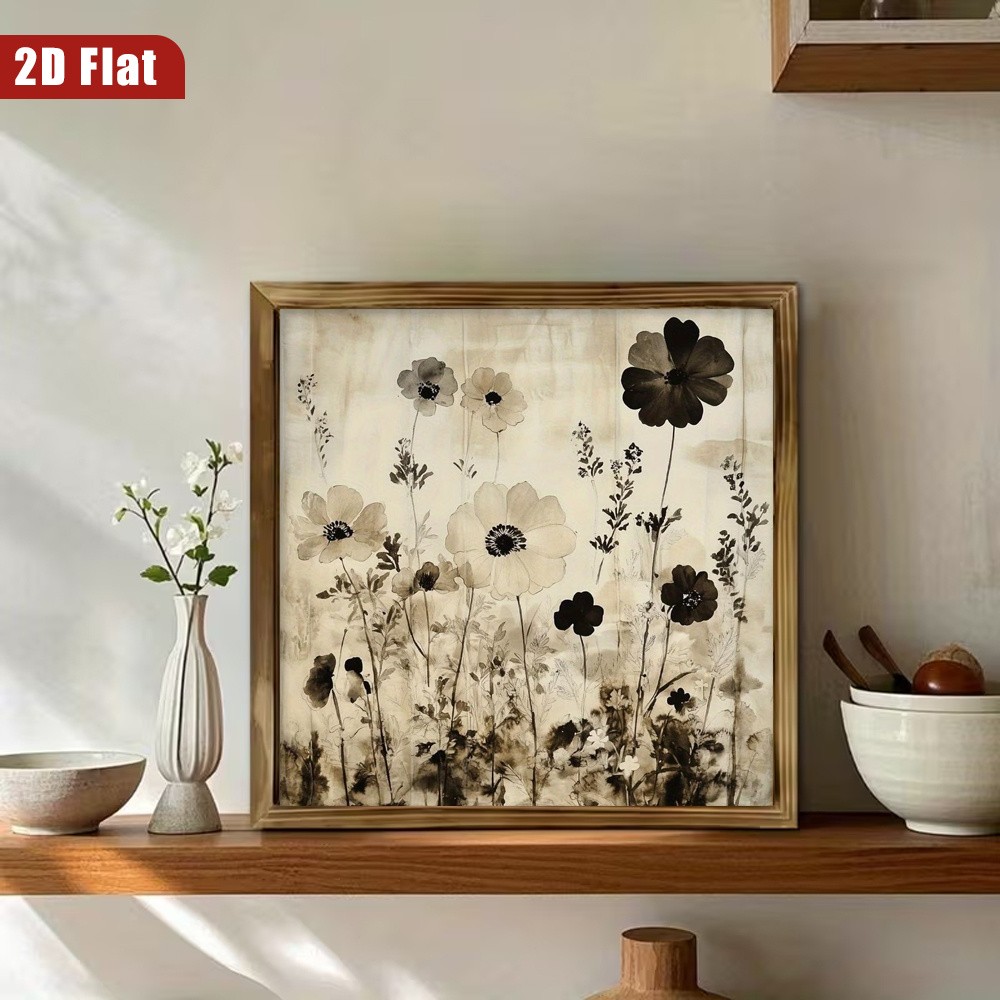 Neutral Ink Wildflower Wooden Plaque Farmhouse Living Room Wall Art Decoration