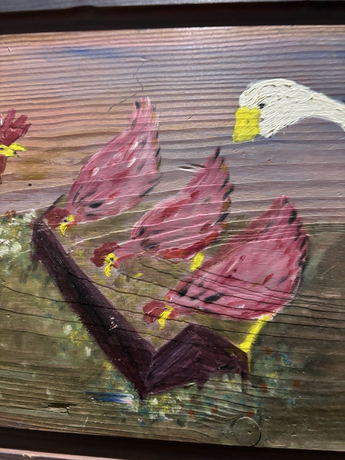 VTG 1975 Hand Painted Wood Plaque Folk Art Rooster Hens Duck Signed Farmhouse