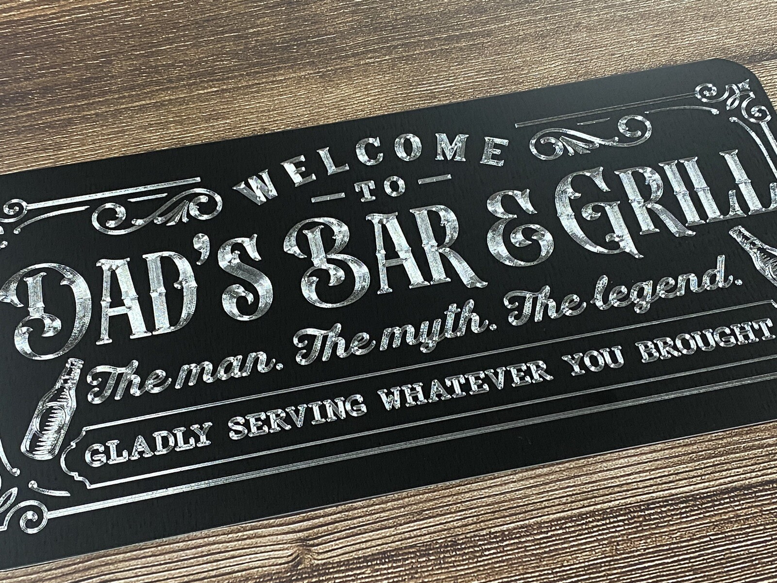 Welcome to Dad’s Bar & Grill Diamond Etched Metal 15×7 Sign Father’s Day Gift