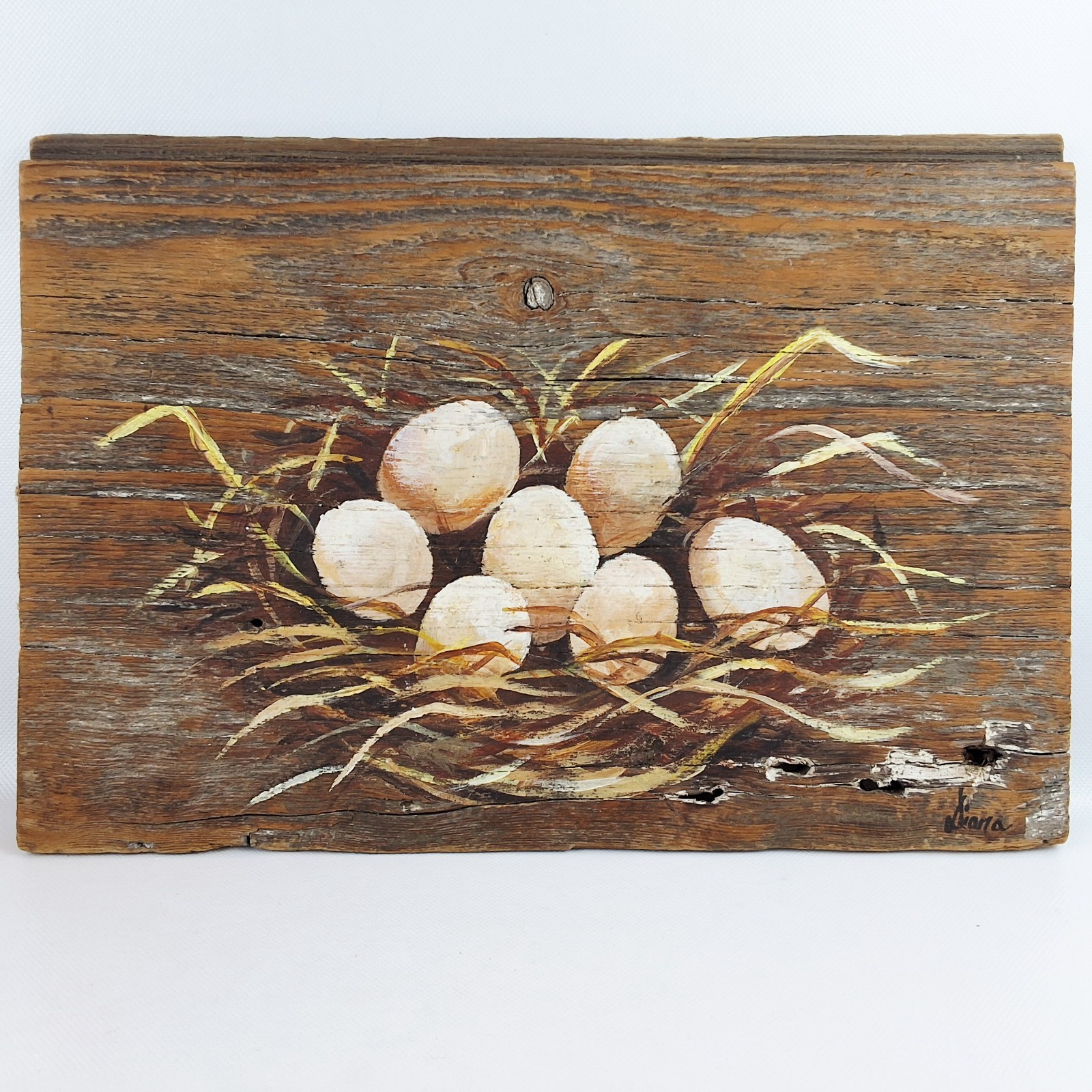 Eggs in Nest Artist Signed Painting/Plaque On Barnwood 13.75 in x 9.5 in