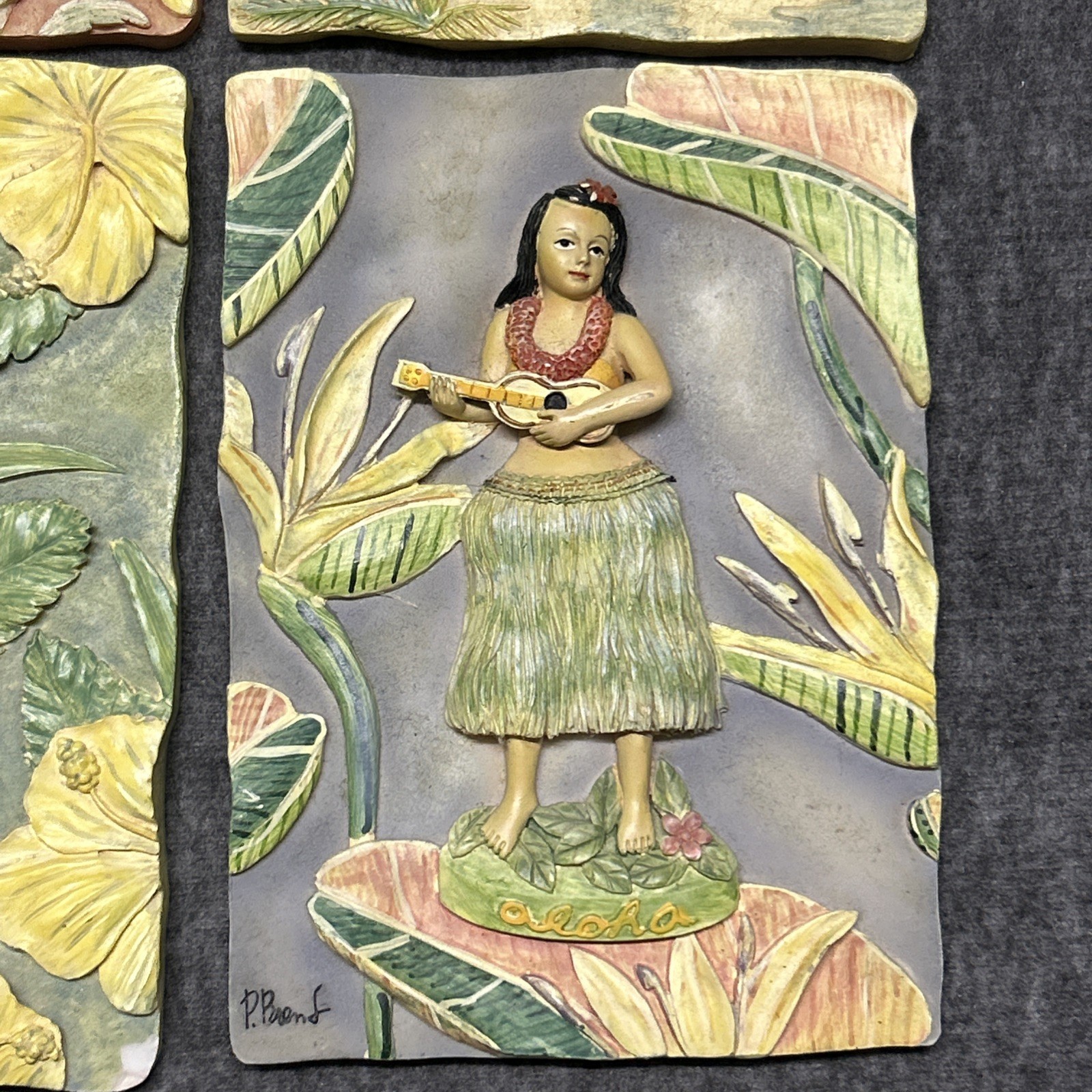 4 Vtg ALOHA Wall Plaque 3D Hula Woman & Ukulele Hawaii 4.5″ x 6.5″ by P. Brent