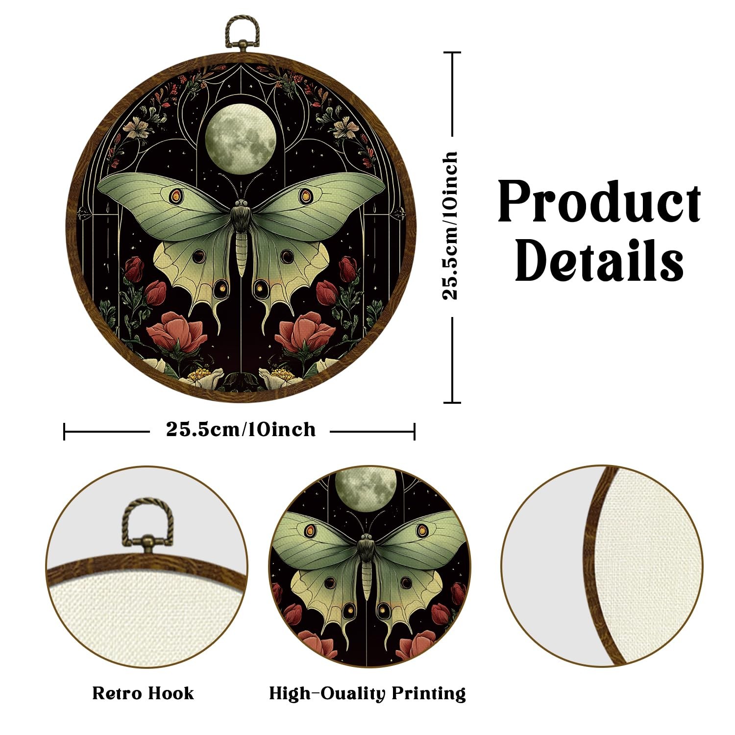 Mystical Luna Moth Round Wall Art,Moon and Floral Canvas Prints, Gothic Botan…