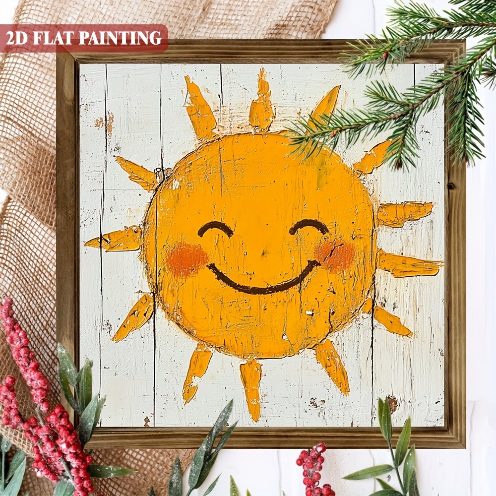 Distressed White Wood Happy Smiling Sun Square Wooden Plaque Rustic Decoration