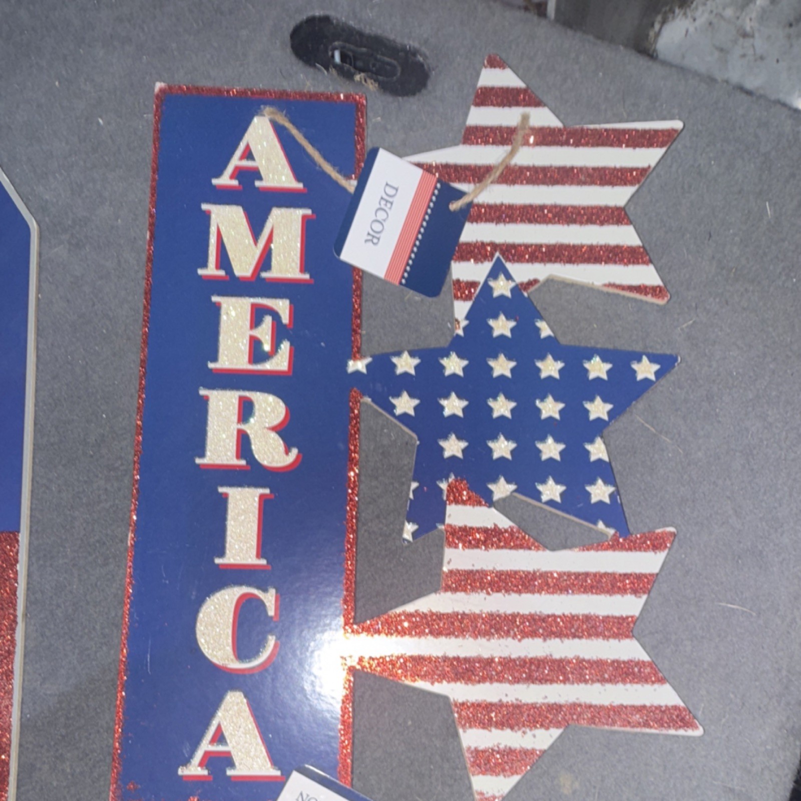 Patriotic USA America Stars Hanging MDF Wall Sign Set, Red White Blue Glitter